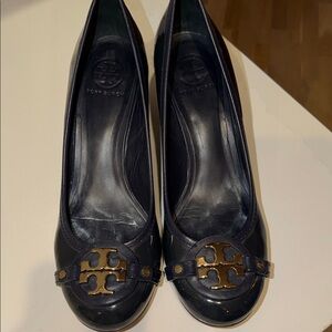 Tory Burch Deep Navy patent Leather Heels with Gold Accents
